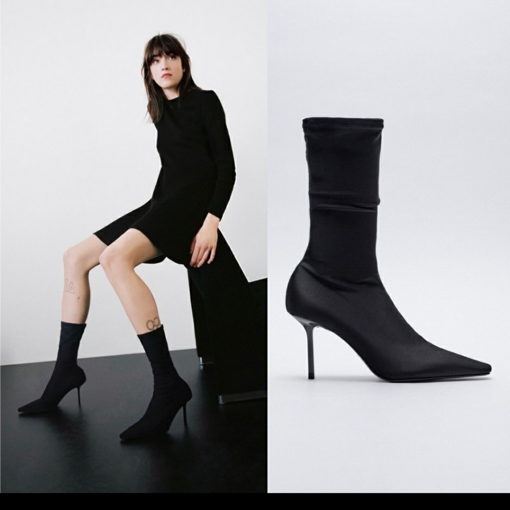 🇺🇸🇺🇦Zara Sock-Style Fabric High-Heel Ankle Boots